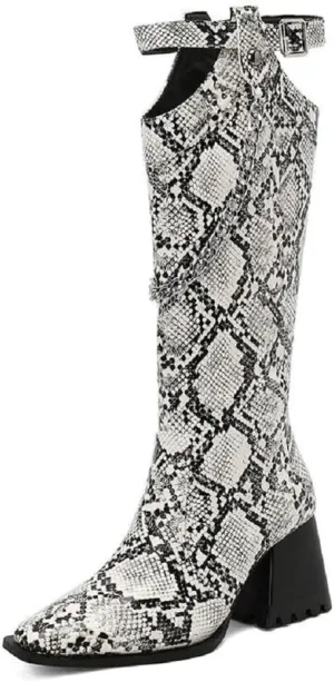 Women's Snake Pattern Length Boots Tall Chunky Heel Pointed Toe Knee-High Boots Autumn And Winter Chain Belt Buckle Knight Boots