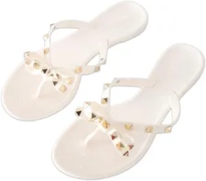 Women's Studded Jelly Flip Flop,Bow T-Strap PVC Flip Flop Jelly Shoes,Summer Beach Thong with Rivets Strappy Slides (White,6)