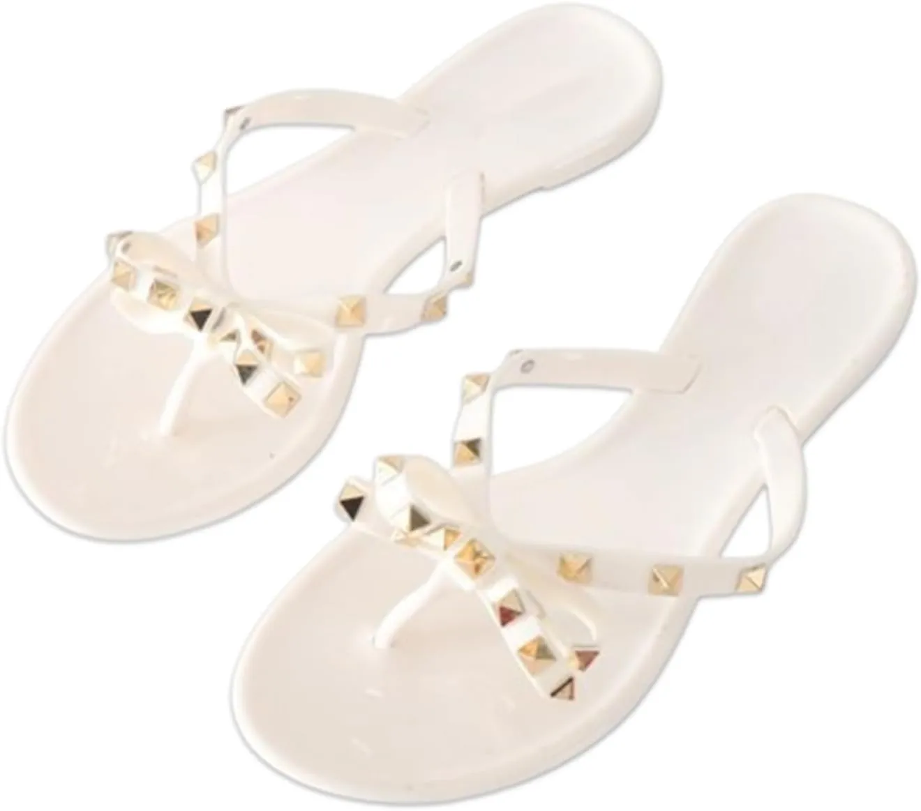 Women's Studded Jelly Flip Flop,Bow T-Strap PVC Flip Flop Jelly Shoes,Summer Beach Thong with Rivets Strappy Slides (White,6)