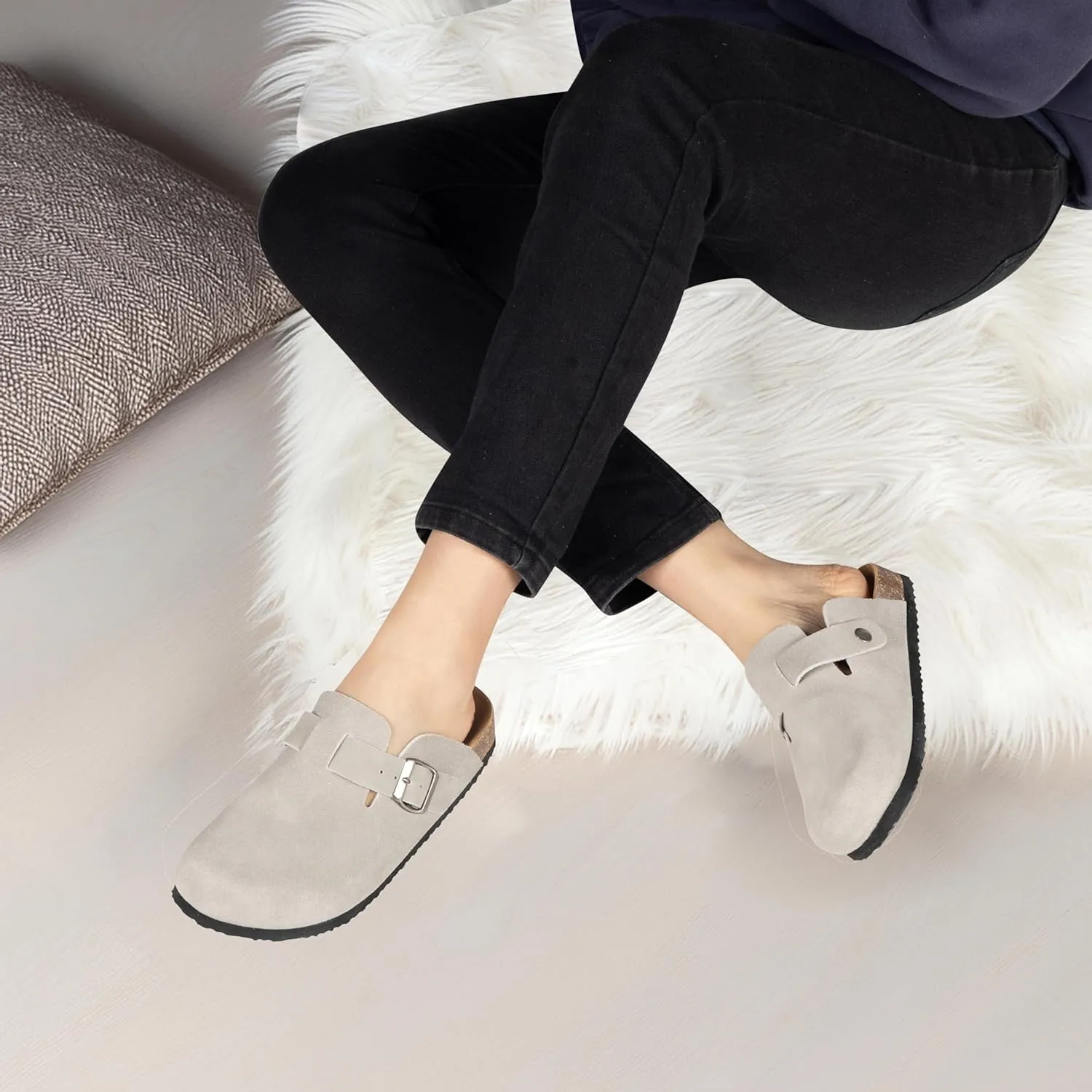 Women's Suede Clogs Slip-On Buckle Slides Leather Mules Cork Footbed Sandals Potato Shoes with Arch Support