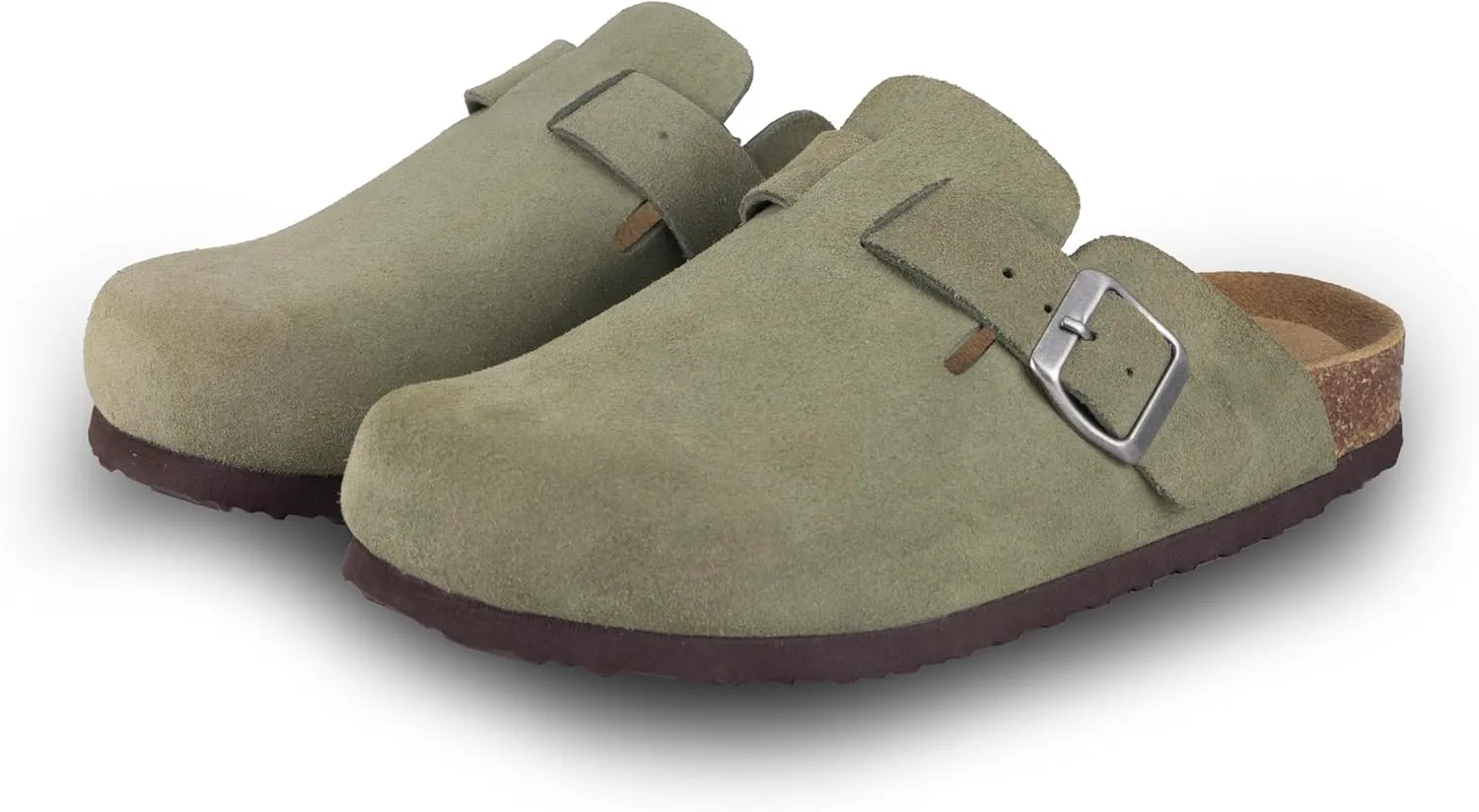 Women's Suede Clogs Slip-On Buckle Slides Leather Mules Cork Footbed Sandals Potato Shoes with Arch Support