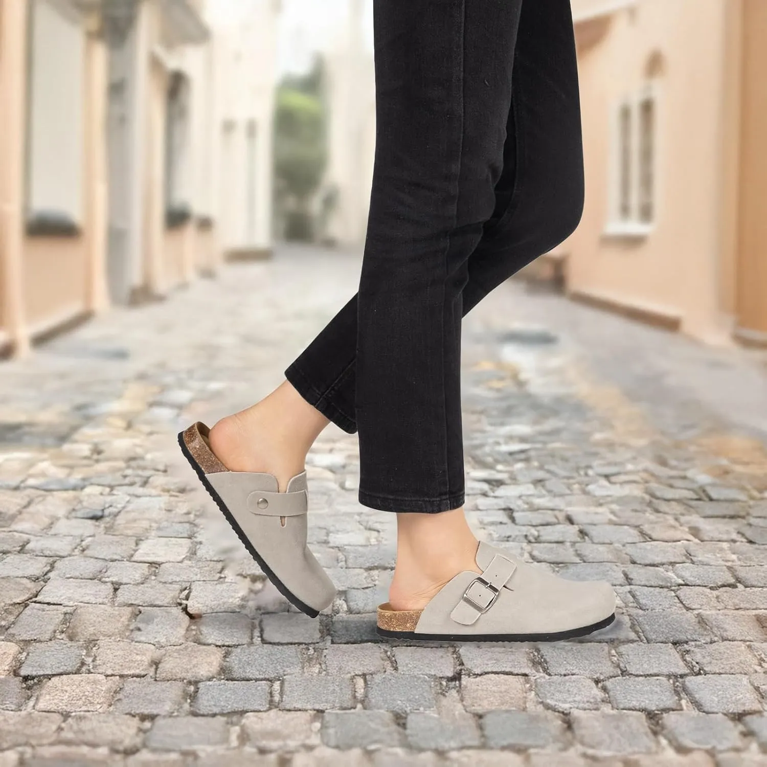 Women's Suede Clogs Slip-On Buckle Slides Leather Mules Cork Footbed Sandals Potato Shoes with Arch Support