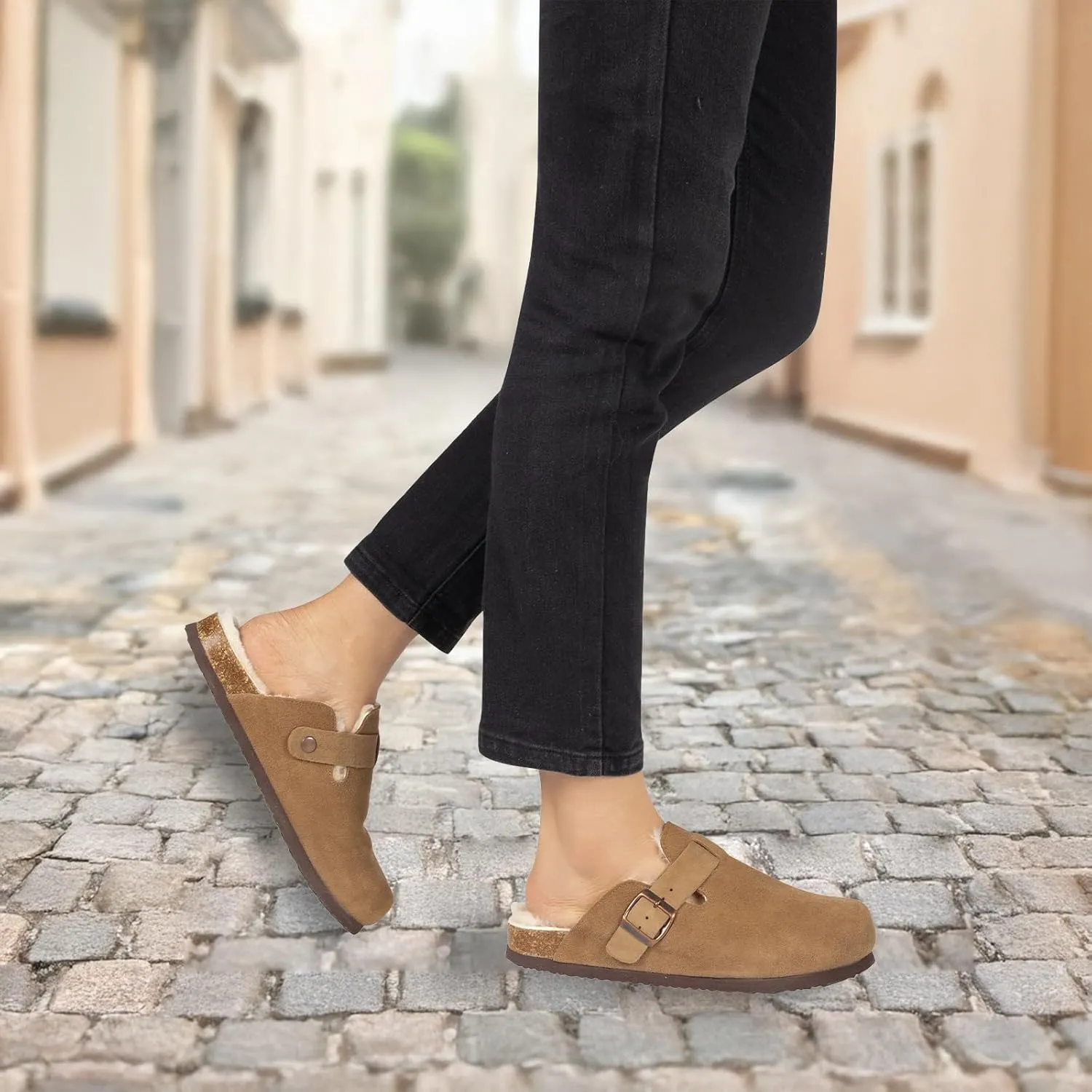 Women's Suede Clogs Slip-On Buckle Slides Leather Mules Cork Footbed Sandals Potato Shoes with Arch Support