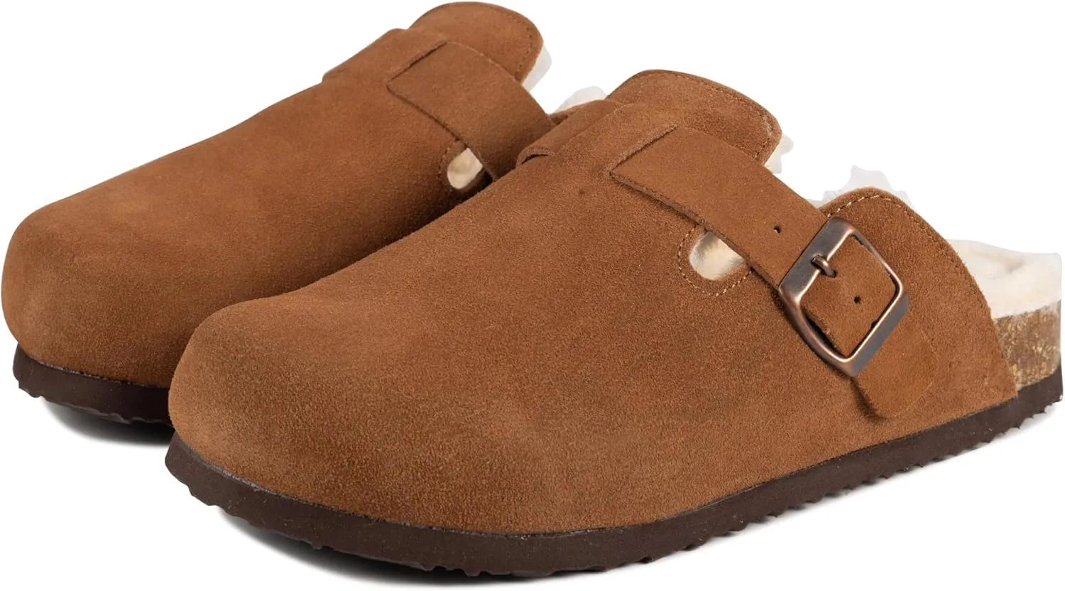 Women's Suede Clogs Slip-On Buckle Slides Leather Mules Cork Footbed Sandals Potato Shoes with Arch Support