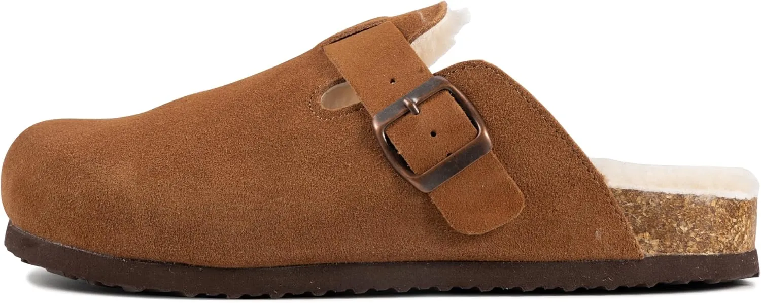 Women's Suede Clogs Slip-On Buckle Slides Leather Mules Cork Footbed Sandals Potato Shoes with Arch Support