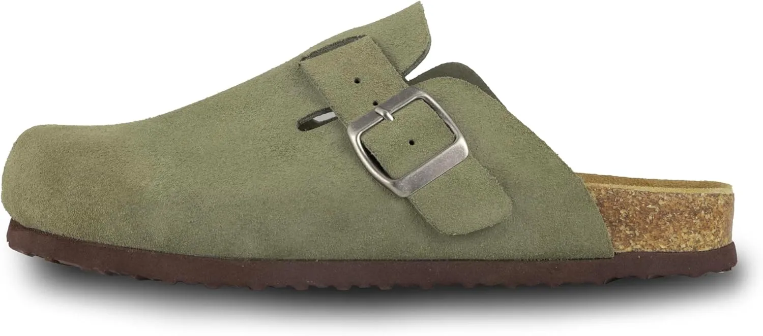 Women's Suede Clogs Slip-On Buckle Slides Leather Mules Cork Footbed Sandals Potato Shoes with Arch Support
