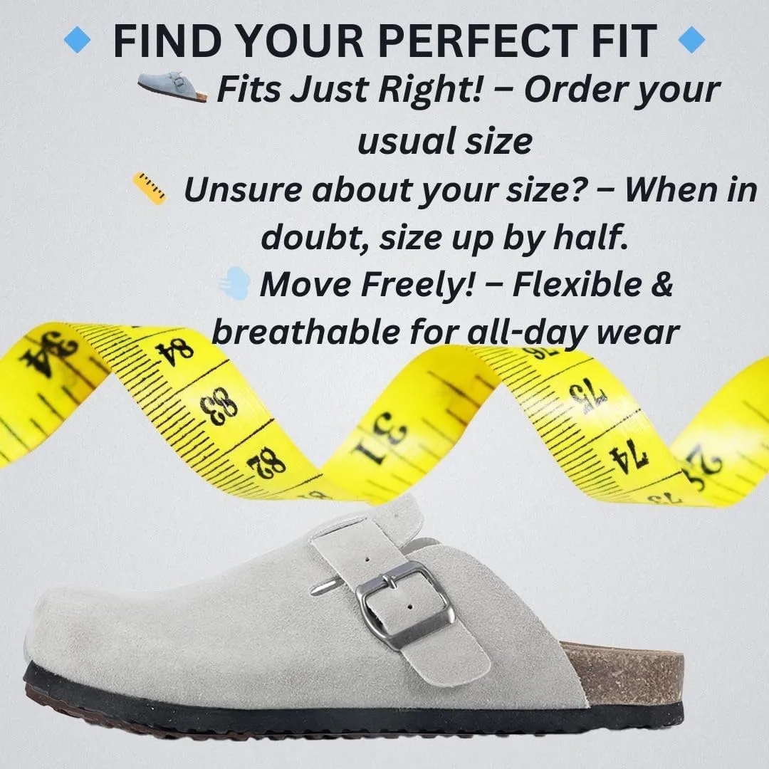 Women's Suede Clogs Slip-On Buckle Slides Leather Mules Cork Footbed Sandals Potato Shoes with Arch Support