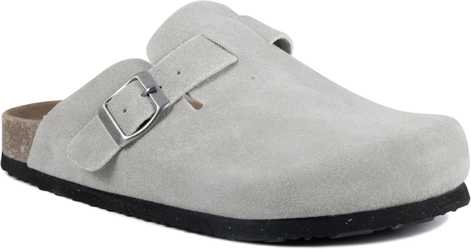 Women's Suede Clogs Slip-On Buckle Slides Leather Mules Cork Footbed Sandals Potato Shoes with Arch Support