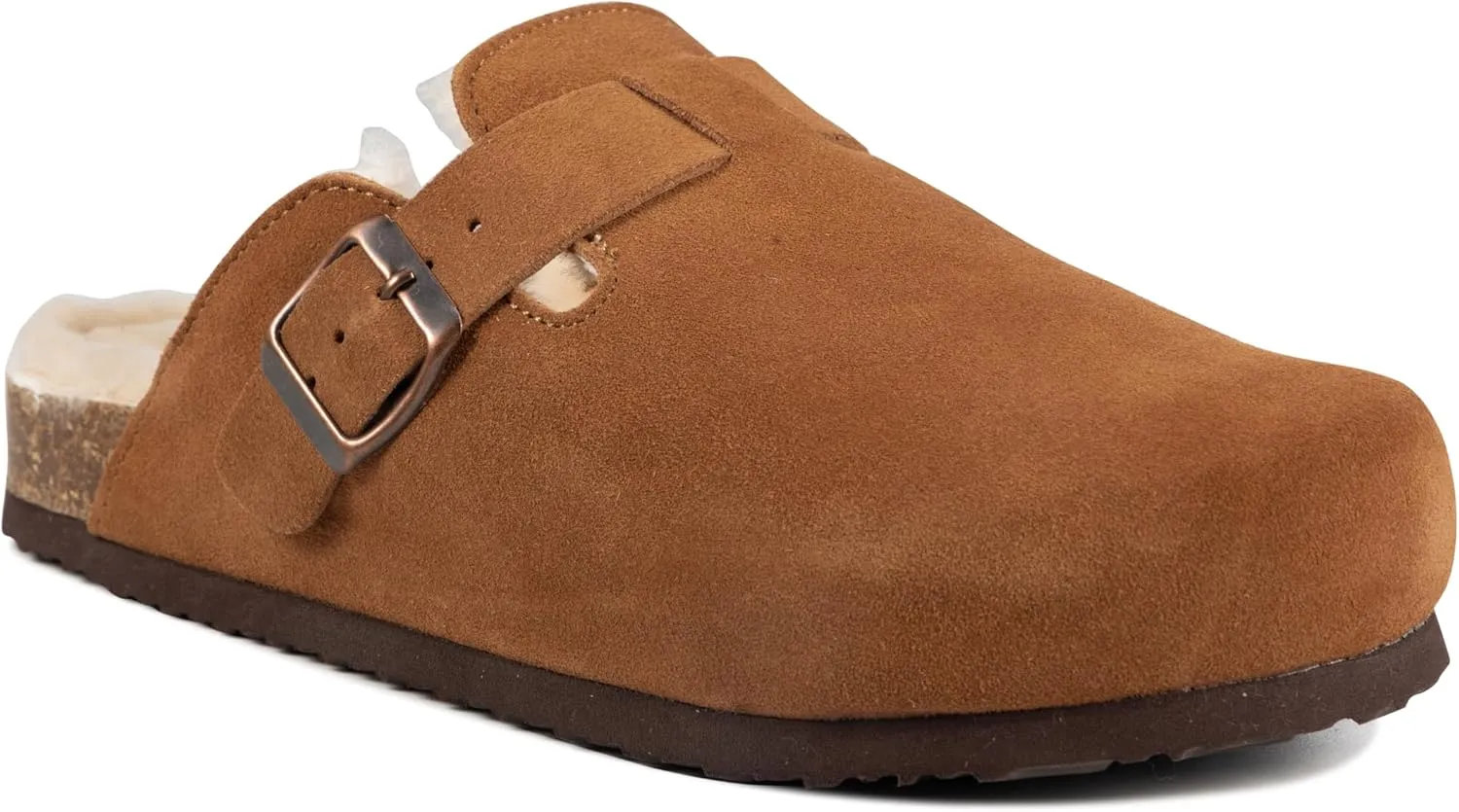 Women's Suede Clogs Slip-On Buckle Slides Leather Mules Cork Footbed Sandals Potato Shoes with Arch Support