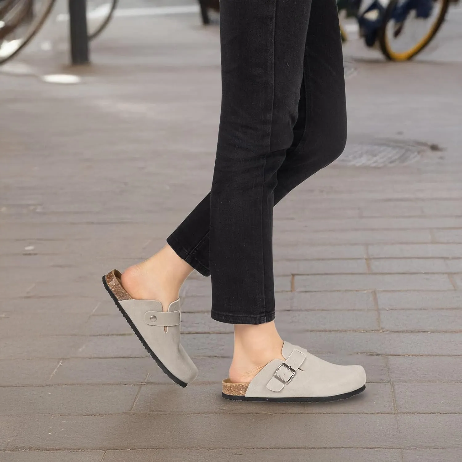Women's Suede Clogs Slip-On Buckle Slides Leather Mules Cork Footbed Sandals Potato Shoes with Arch Support