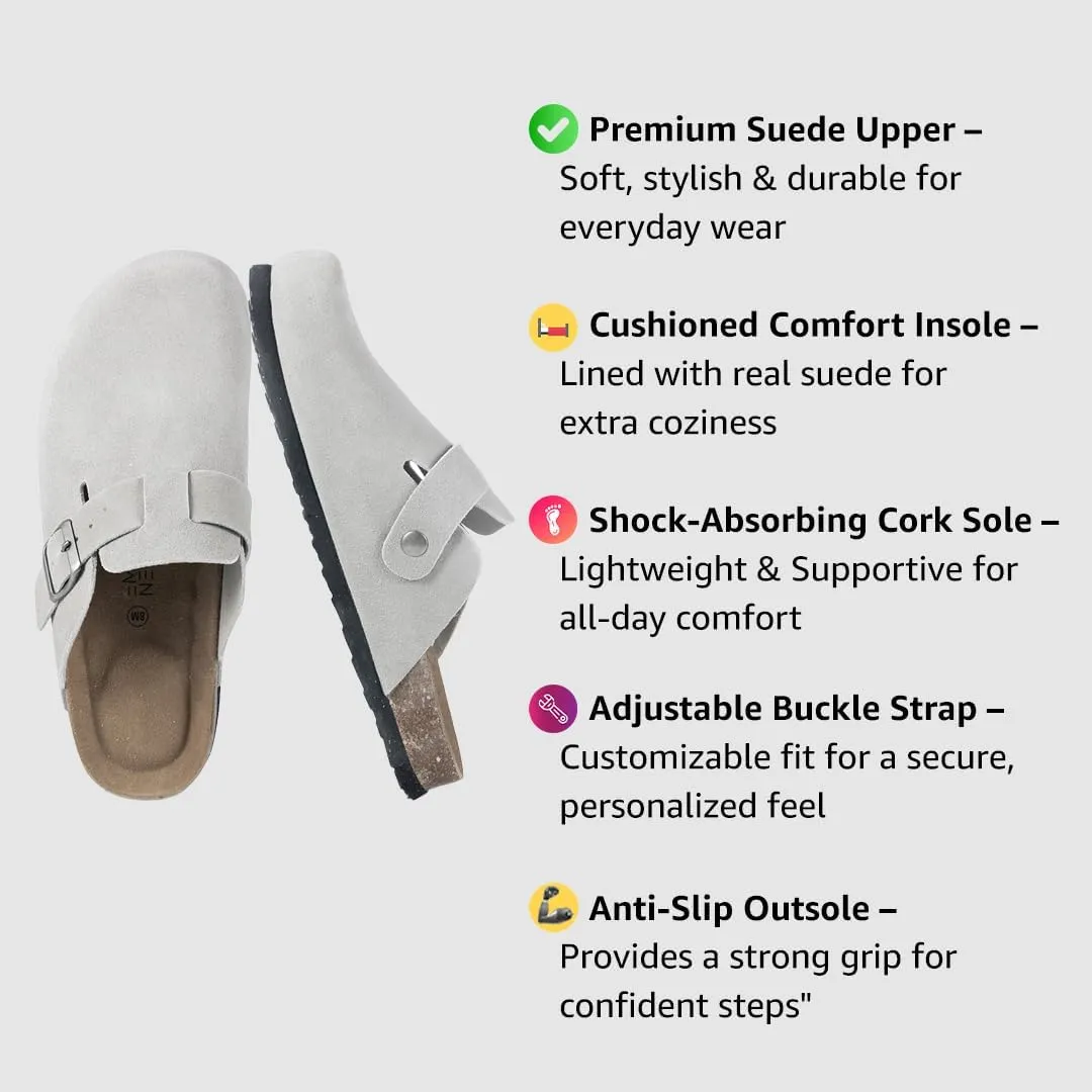 Women's Suede Clogs Slip-On Buckle Slides Leather Mules Cork Footbed Sandals Potato Shoes with Arch Support