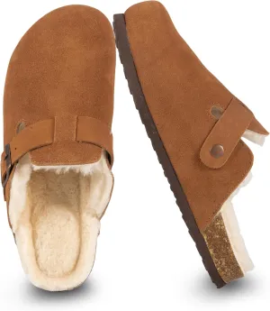 Women's Suede Clogs Slip-On Buckle Slides Leather Mules Cork Footbed Sandals Potato Shoes with Arch Support