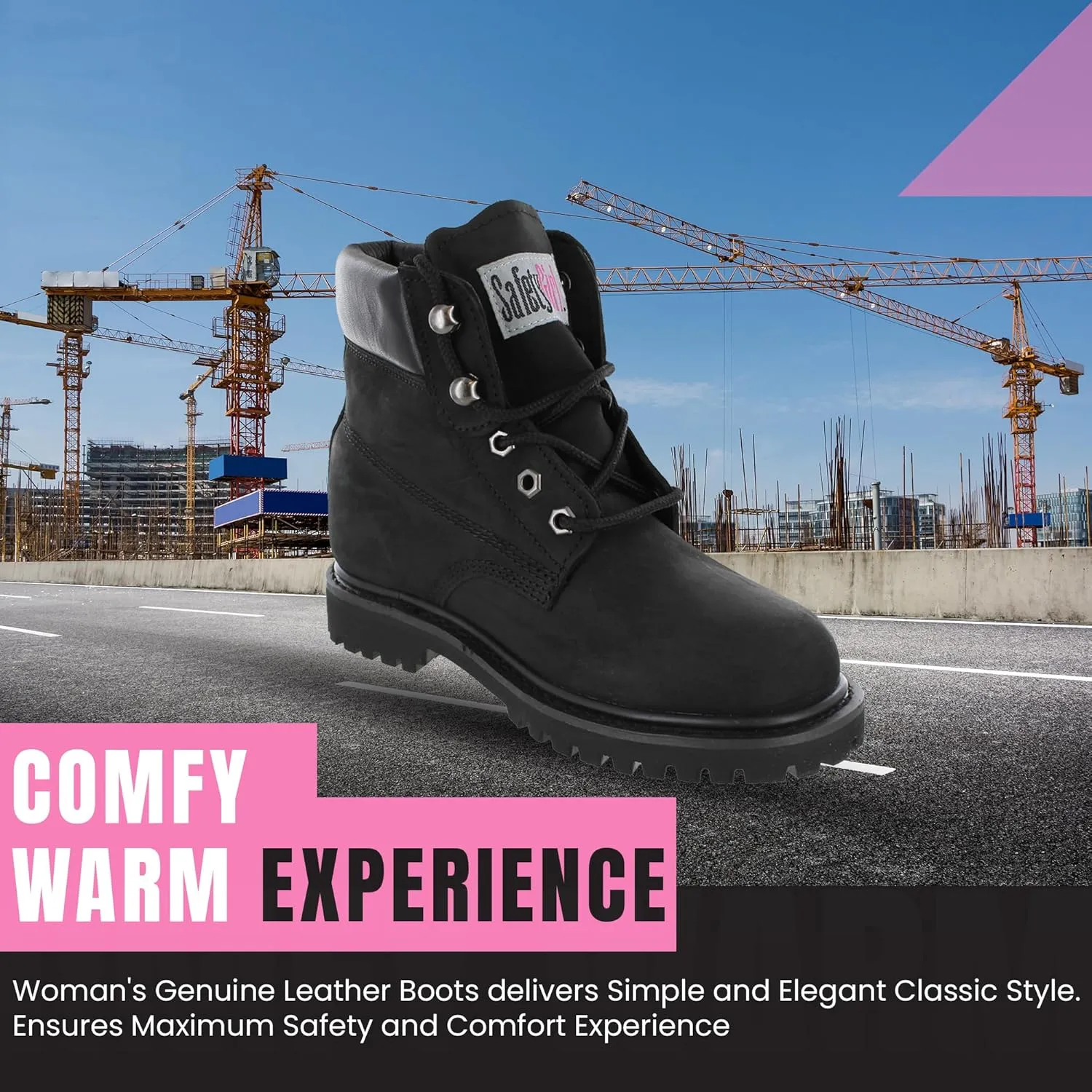 Women’s Work Boots | Waterproof Leather Work Boots for Women | Oil & Slip-Resistant Soft Toe Boots for Women | Premium Nubuck Leather | Lightweight and Comfortable | Black Leather - 6M