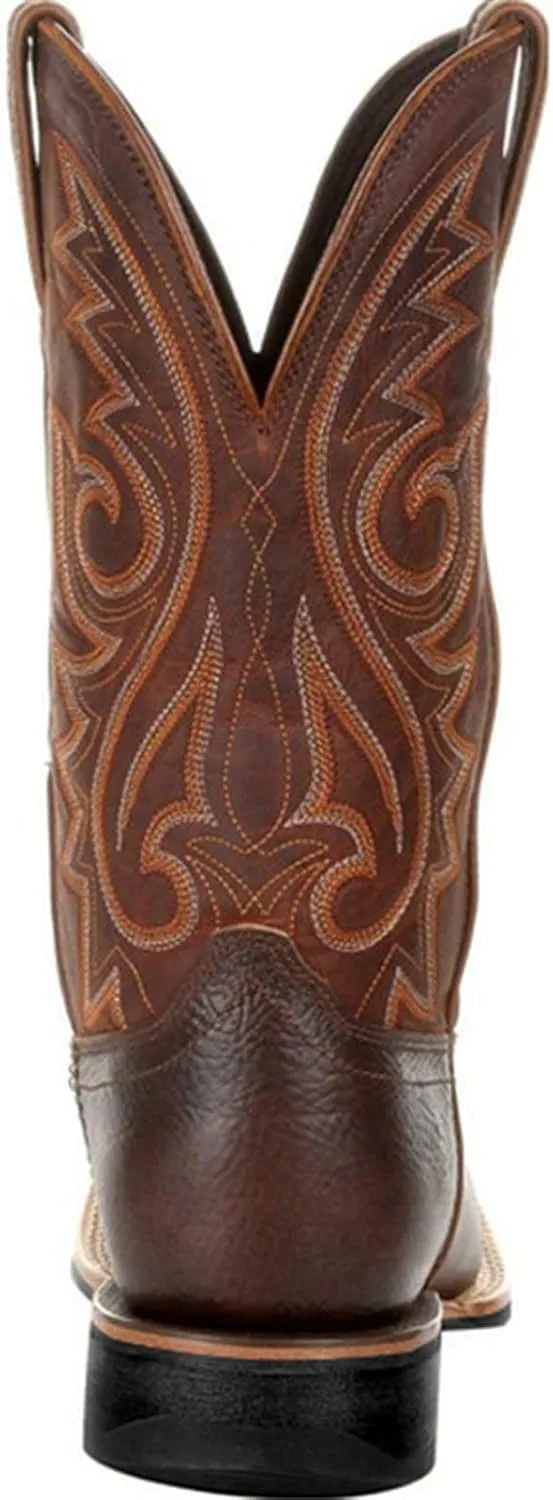 Work Boots for Men Western Square Toe Cowboy Boots Retro Leather Embroidery Casual Chunky Heel Wide Calf Pull On Boots