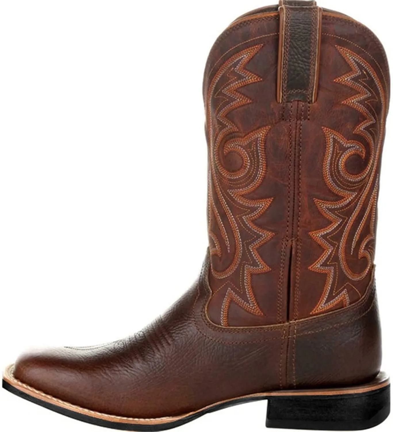 Work Boots for Men Western Square Toe Cowboy Boots Retro Leather Embroidery Casual Chunky Heel Wide Calf Pull On Boots
