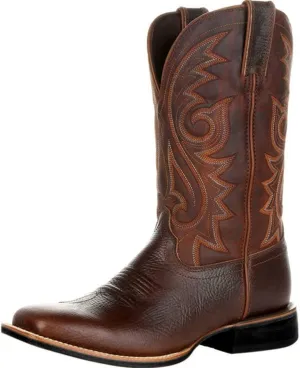 Work Boots for Men Western Square Toe Cowboy Boots Retro Leather Embroidery Casual Chunky Heel Wide Calf Pull On Boots
