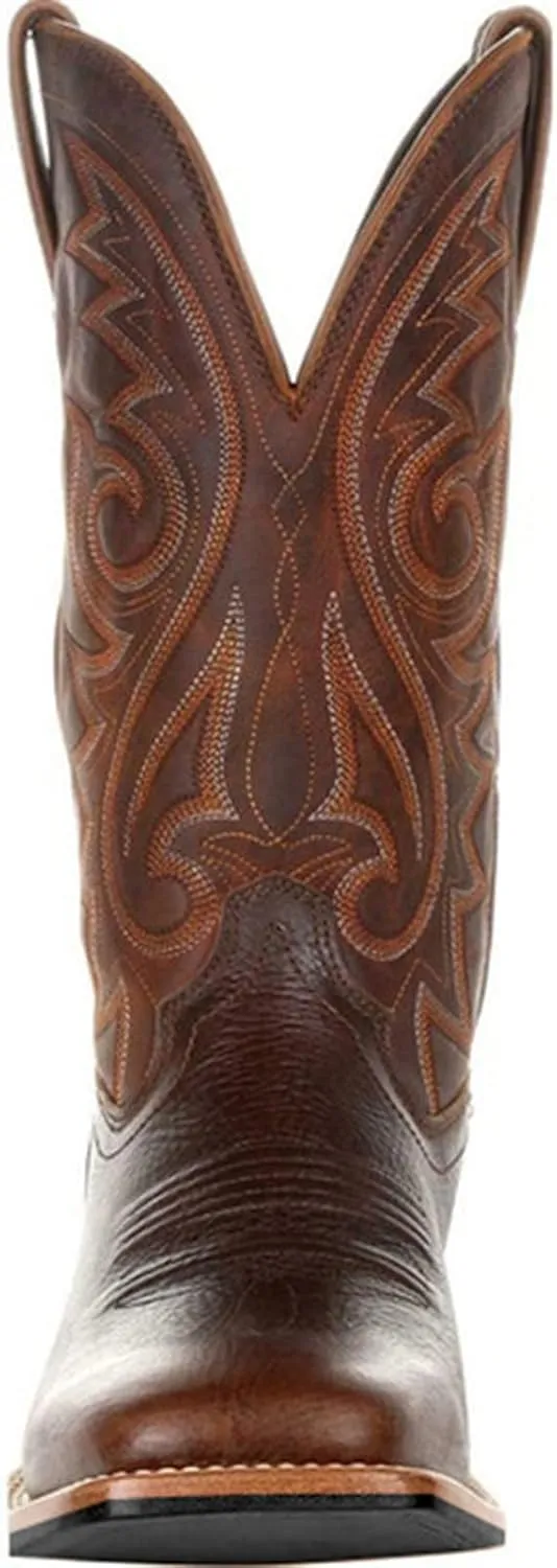 Work Boots for Men Western Square Toe Cowboy Boots Retro Leather Embroidery Casual Chunky Heel Wide Calf Pull On Boots