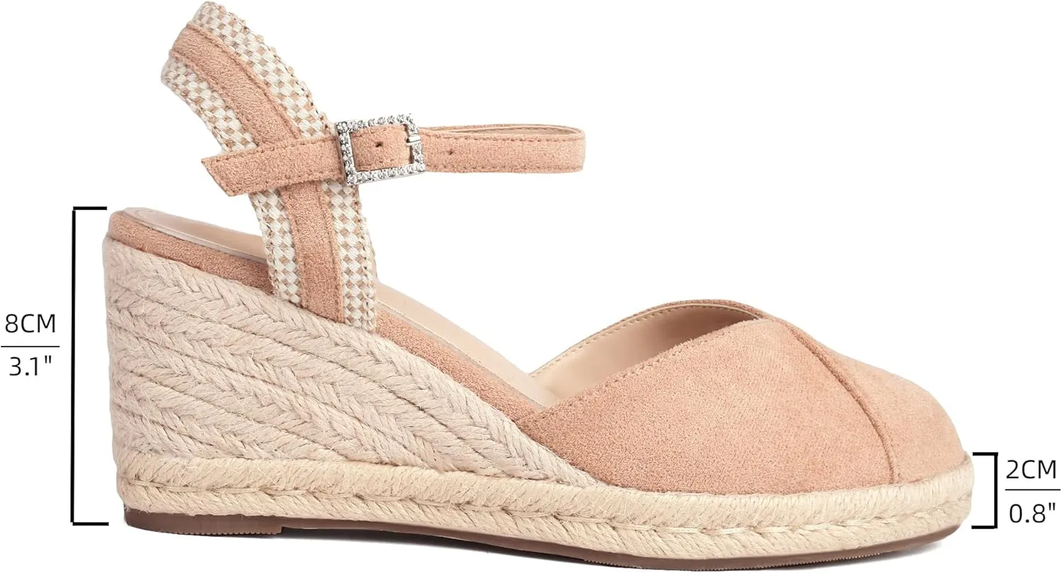 XIEDA Women's Classic Wedge Sandals 3 Inch Closed Toe Platform Espadrilles Adjustable Ankle Strap Comfortable Summer Faux Suede Wedges Shoes