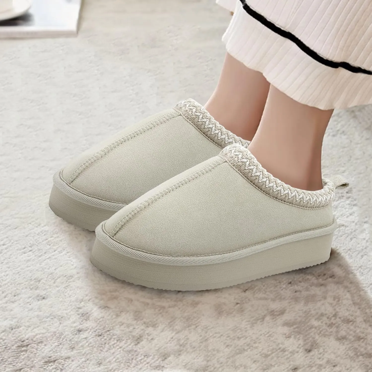 Xinran & Shengli Women's Platform Mules - Winter Memory Foam Slippers for Indoor & Outdoor, Cozy Suede Fur Fleece Lined