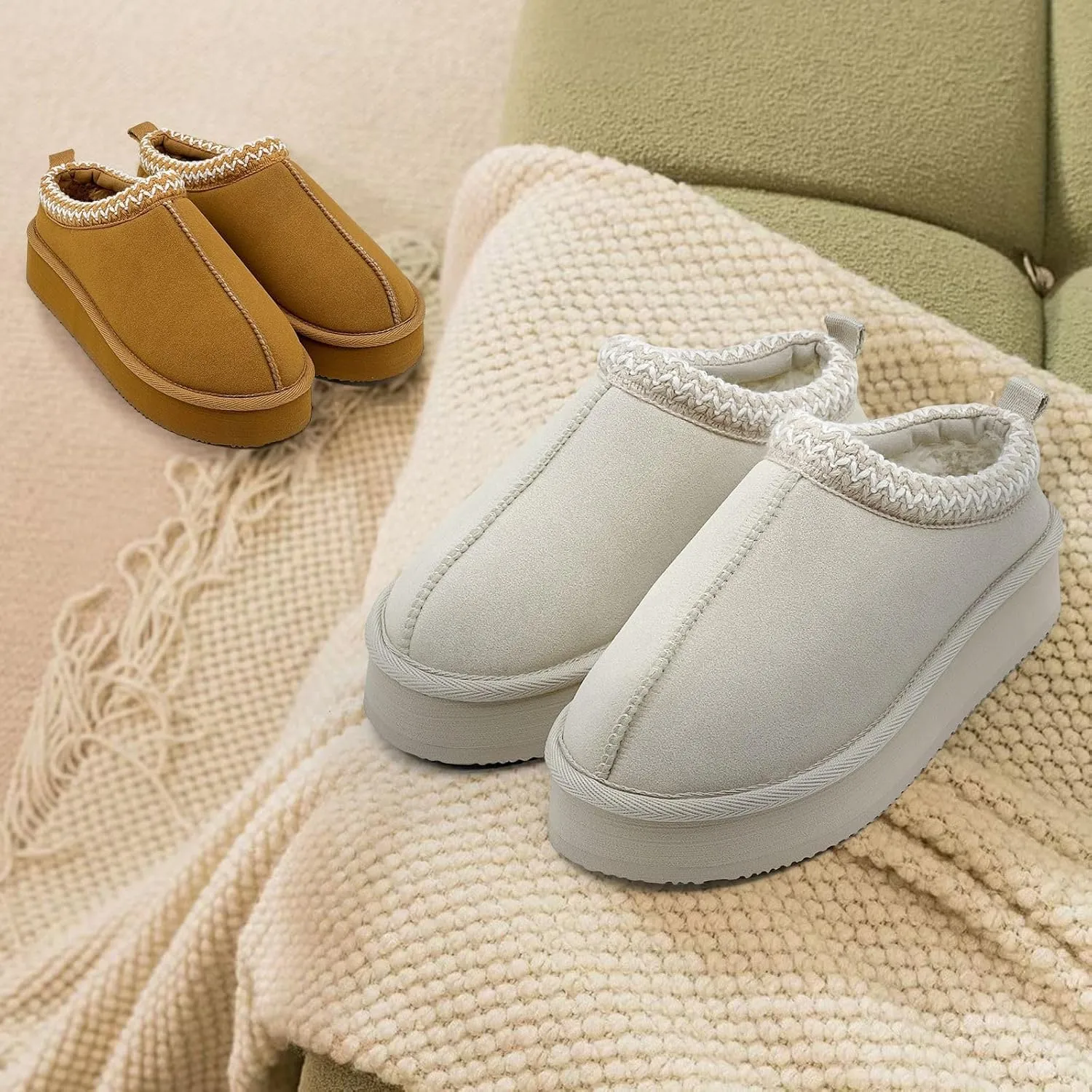 Xinran & Shengli Women's Platform Mules - Winter Memory Foam Slippers for Indoor & Outdoor, Cozy Suede Fur Fleece Lined