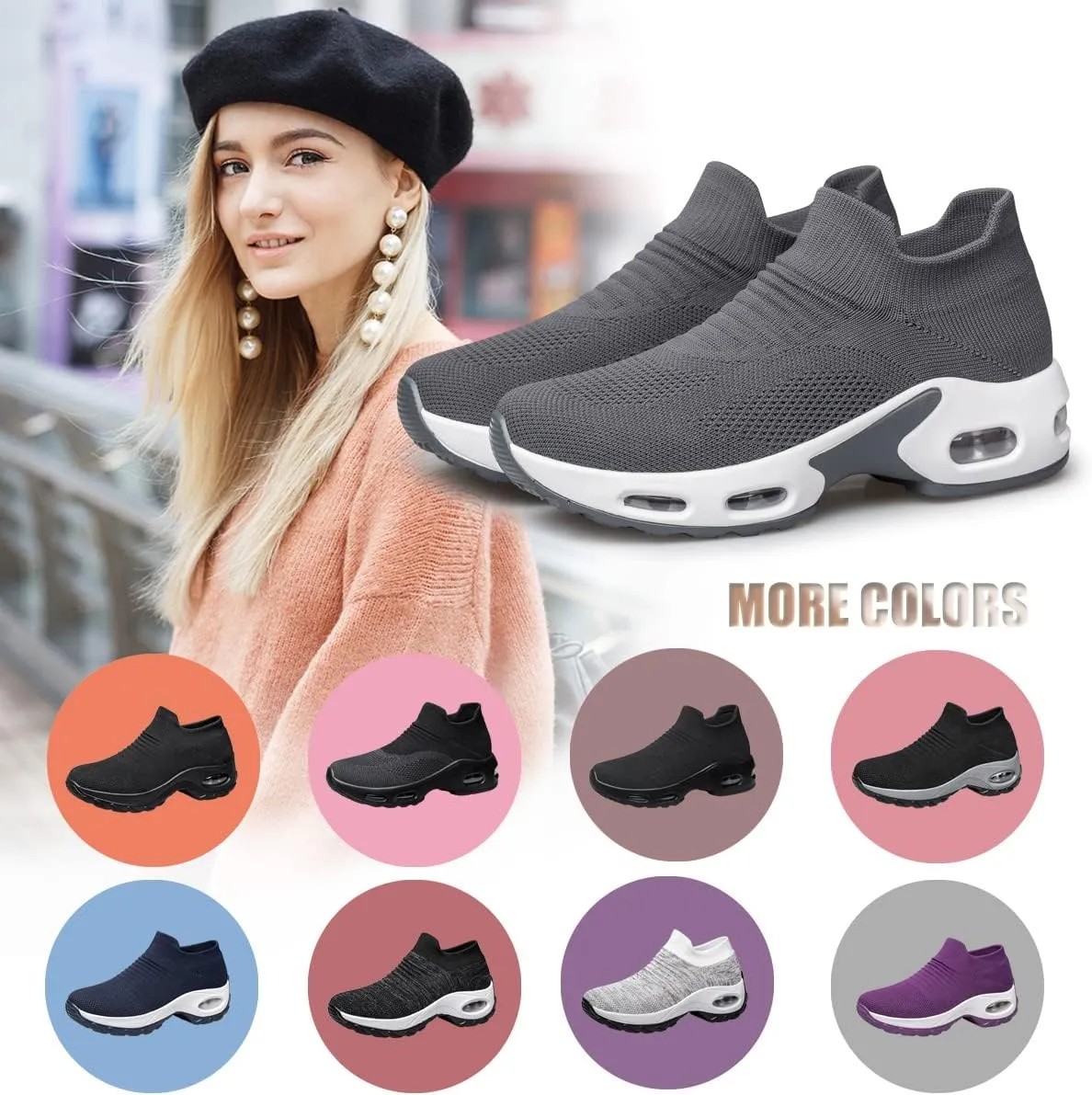 YHOON Women's Walking Shoes - Sock Sneakers Slip on Mesh Platform Air Cushion Athletic Shoes Work Nurse Comfortable