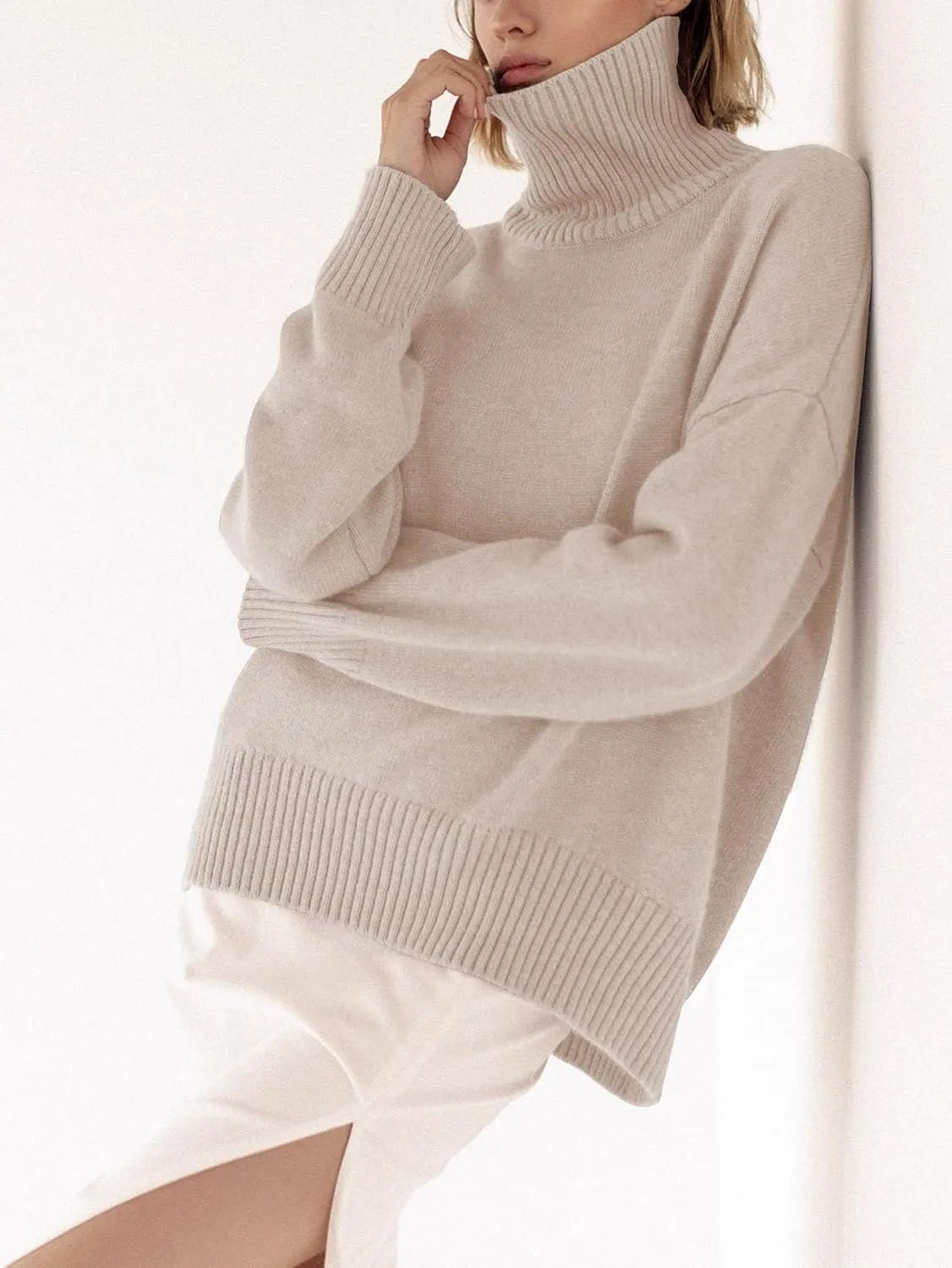 YKR Women's Turtleneck Sweater Chunky Long Sleeve Knitted Pullover High Low Hem Trendy 2024 Fall Winter Basic Jumper Top