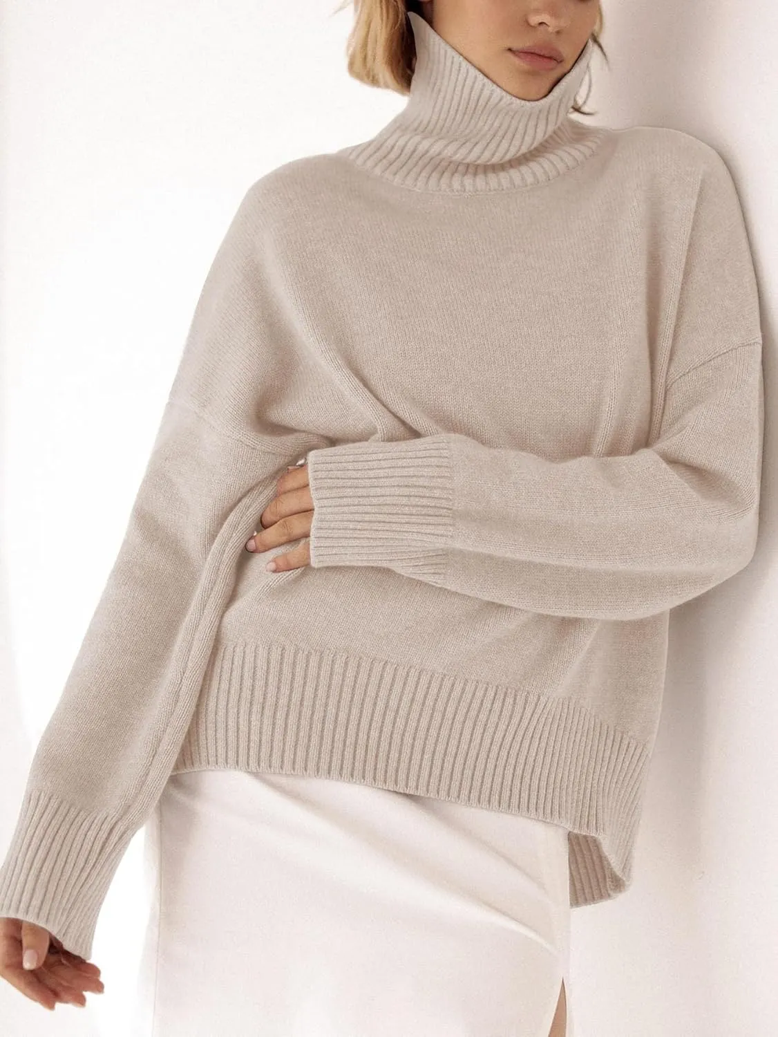 YKR Women's Turtleneck Sweater Chunky Long Sleeve Knitted Pullover High Low Hem Trendy 2024 Fall Winter Basic Jumper Top