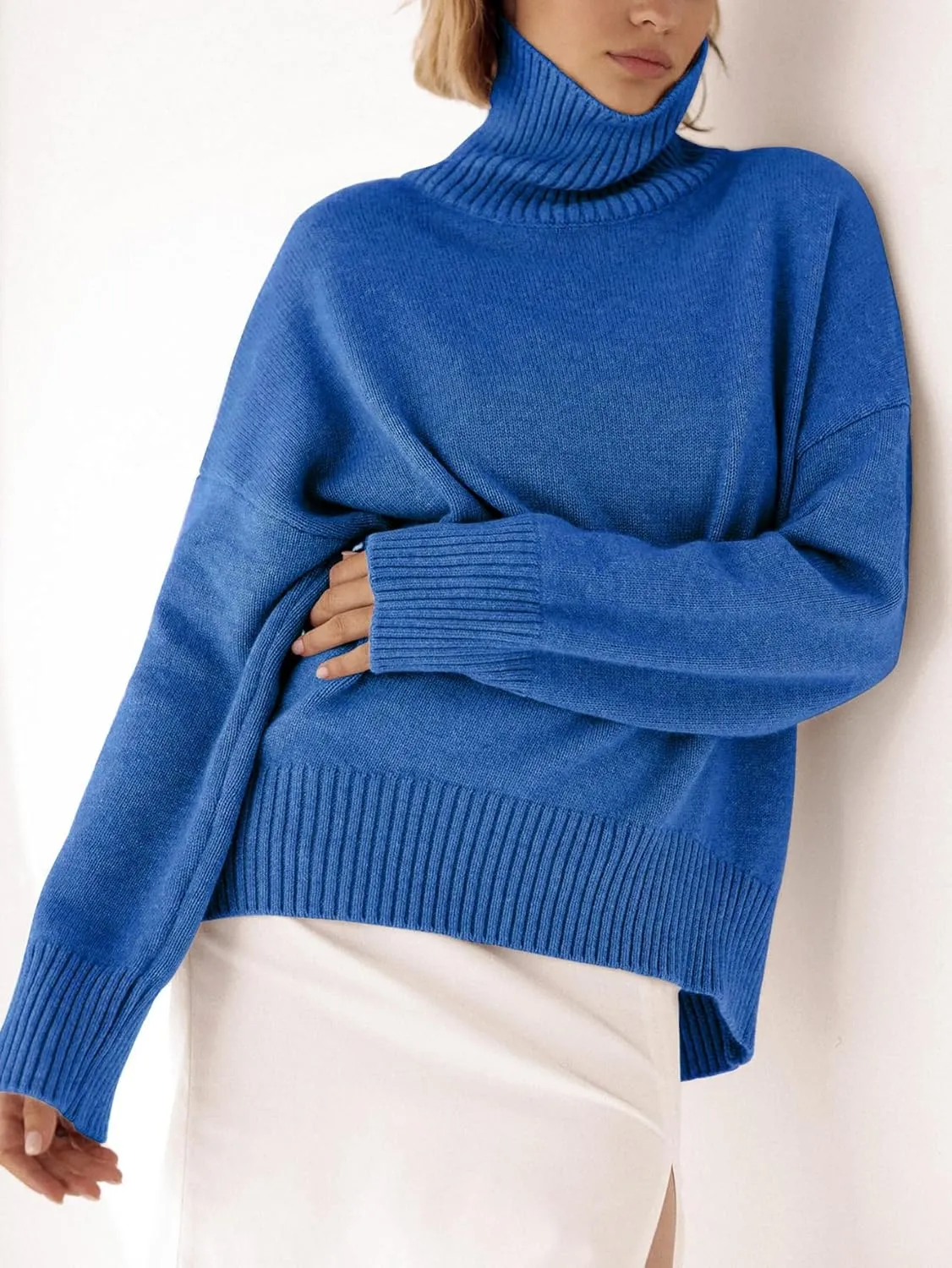 YKR Women's Turtleneck Sweater Chunky Long Sleeve Knitted Pullover High Low Hem Trendy 2024 Fall Winter Basic Jumper Top