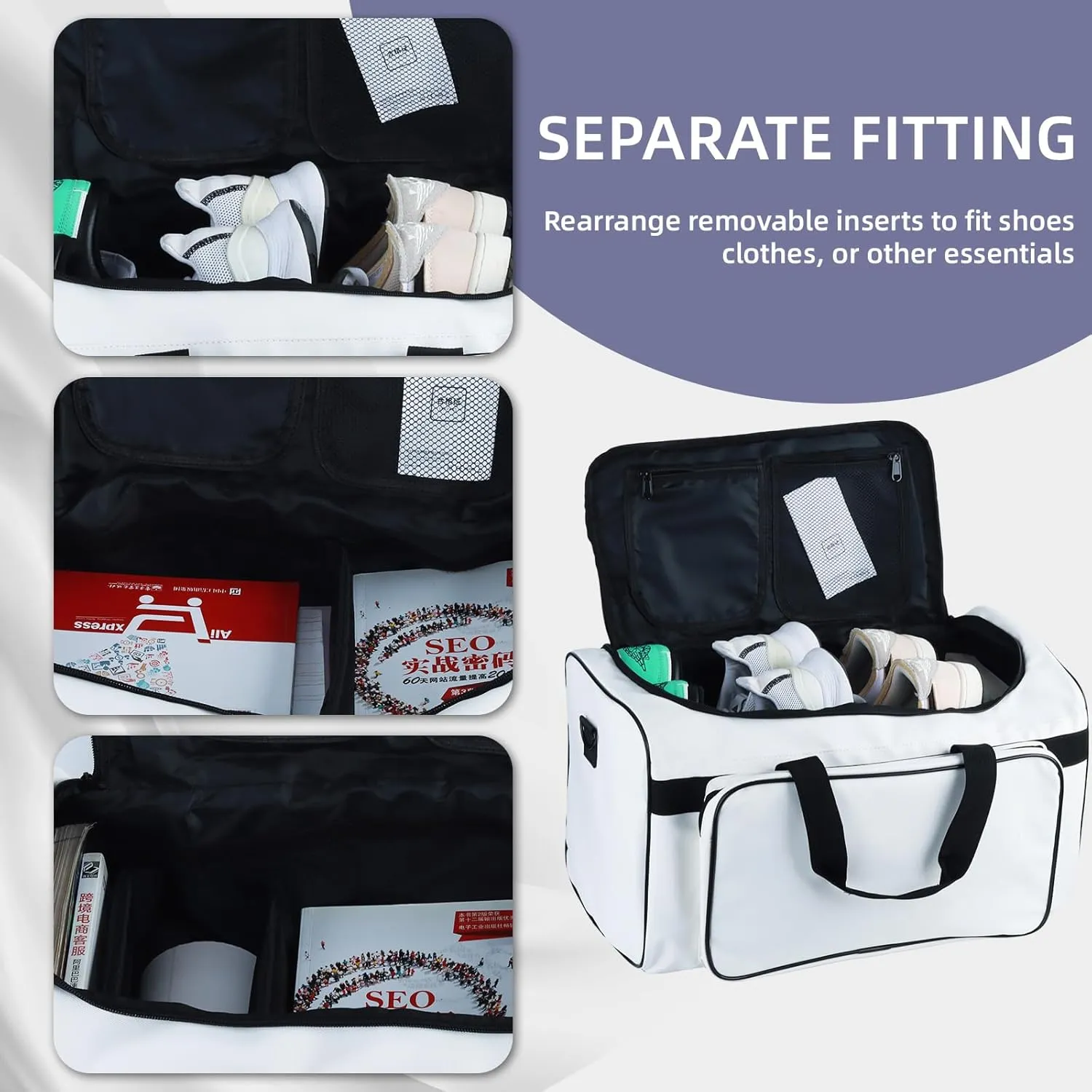 YXQ Sneaker Bag, 30L Large Capacity Multi-Function 4-Layer Gym Bag with Durable Shoulder Strap Adjustable Waterproof Travel Bag for Men,Colorful,White
