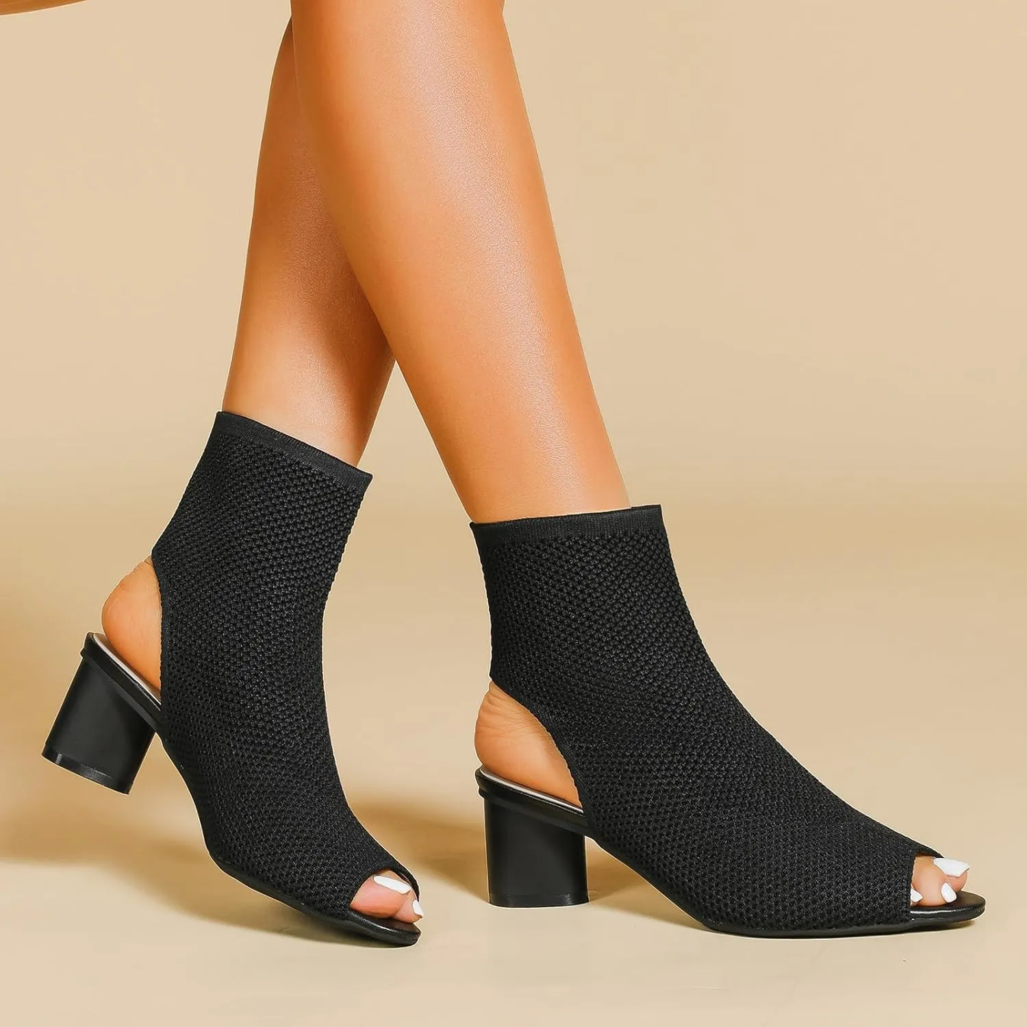 Zeberfi Women's Knit Peep Toe Slingback Chunky Heel Ankle Boots Open Pointed Toe Hollow Heeled Sandals Summer Casual Slip On Dress Sock Booties