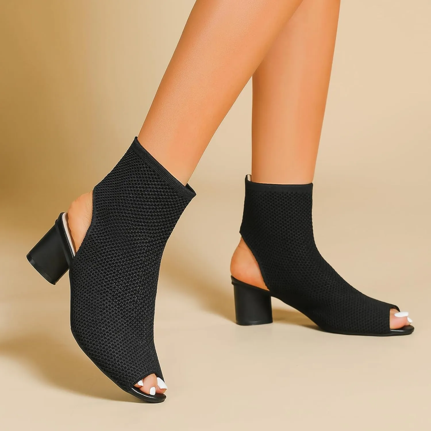 Zeberfi Women's Knit Peep Toe Slingback Chunky Heel Ankle Boots Open Pointed Toe Hollow Heeled Sandals Summer Casual Slip On Dress Sock Booties
