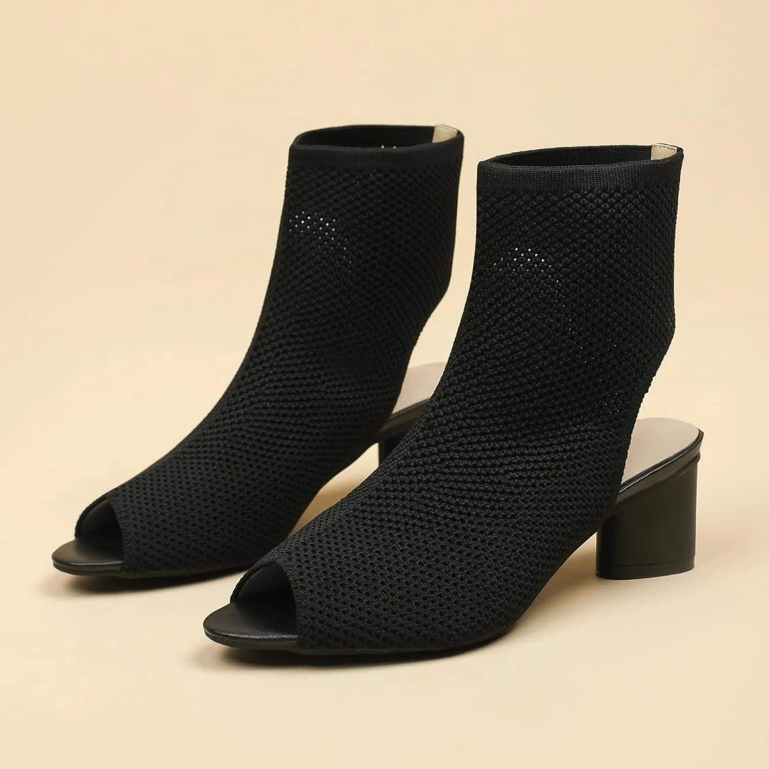 Zeberfi Women's Knit Peep Toe Slingback Chunky Heel Ankle Boots Open Pointed Toe Hollow Heeled Sandals Summer Casual Slip On Dress Sock Booties