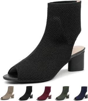 Zeberfi Women's Knit Peep Toe Slingback Chunky Heel Ankle Boots Open Pointed Toe Hollow Heeled Sandals Summer Casual Slip On Dress Sock Booties