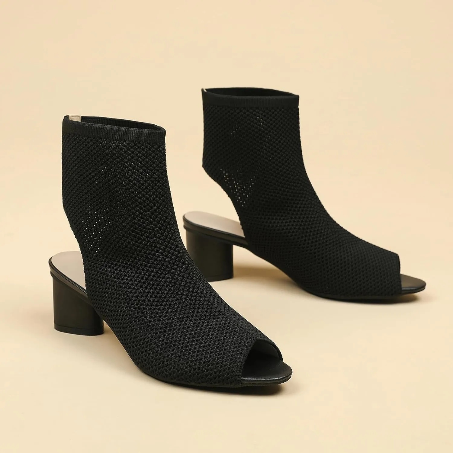 Zeberfi Women's Knit Peep Toe Slingback Chunky Heel Ankle Boots Open Pointed Toe Hollow Heeled Sandals Summer Casual Slip On Dress Sock Booties