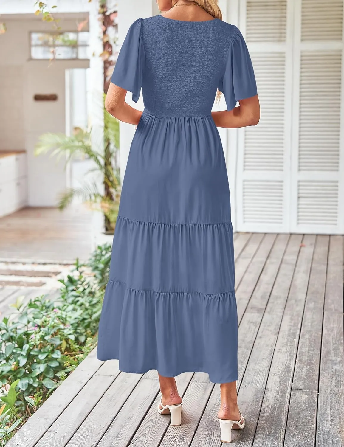 ZESICA Women's Summer Casual Flutter Short Sleeve Crew Neck Solid Color Smocked Tiered A Line Flowy Beach Midi Dress