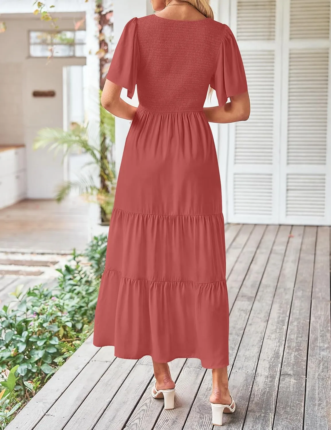 ZESICA Women's Summer Casual Flutter Short Sleeve Crew Neck Solid Color Smocked Tiered A Line Flowy Beach Midi Dress